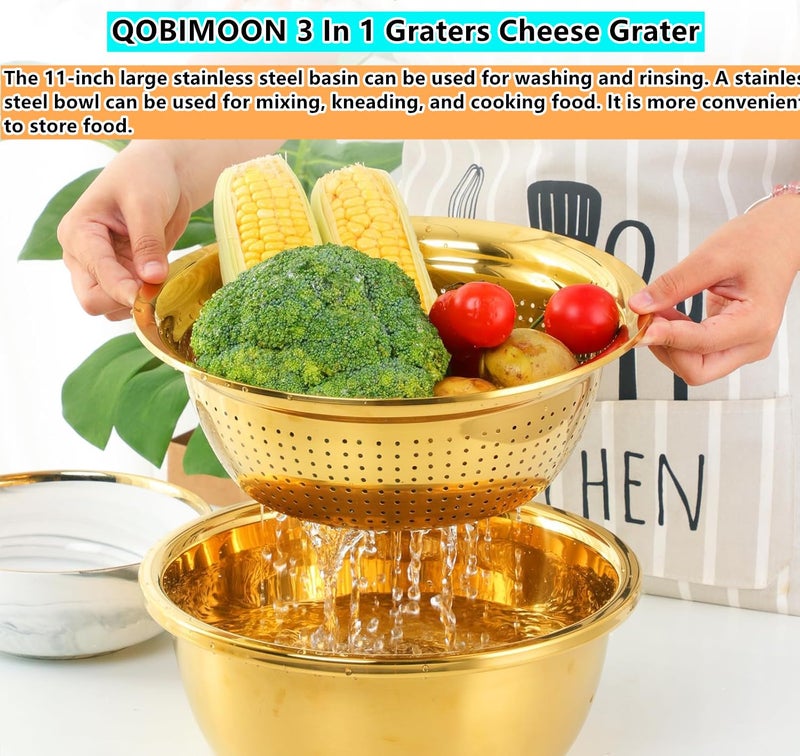 QOBIMOON 3PC/Set Colander set Stainless Steel Vegetable Slicer Fruit Potato Peeler Carrot Grater Strainer Utensil Round Rice Washer Bowl Drain Basket-Gold - Image 4